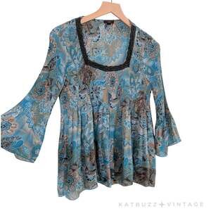 Plisse 3/4 Sleeve Top L Blue Brown Crinkle Bell Whimsiogoth Fairy Boho Lace Y2K